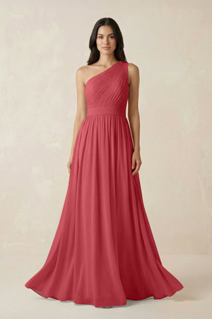 One - Shoulder Pleated Chiffon Bridesmaid Gown in Merlot - KISS BRIDAL Bridesmaid Dresses
