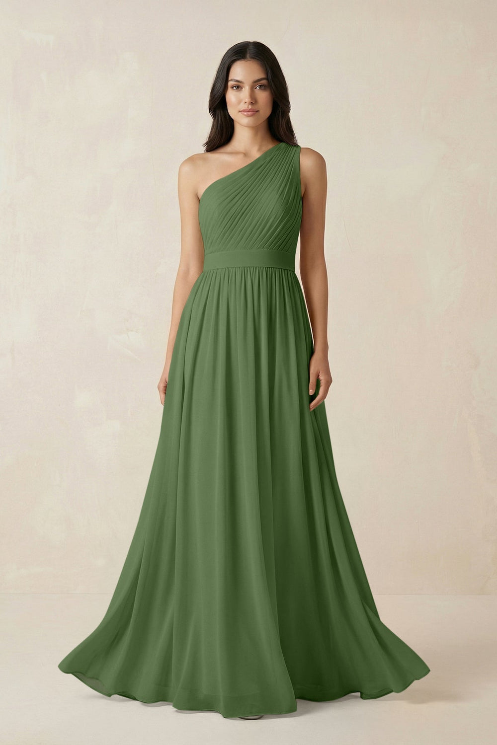 One - Shoulder Pleated Chiffon Bridesmaid Gown in Moss - KISS BRIDAL Bridesmaid Dresses