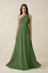 One - Shoulder Pleated Chiffon Bridesmaid Gown in Moss - KISS BRIDAL Bridesmaid Dresses