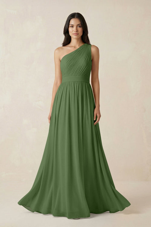 One - Shoulder Pleated Chiffon Bridesmaid Gown in Moss - KISS BRIDAL Bridesmaid Dresses