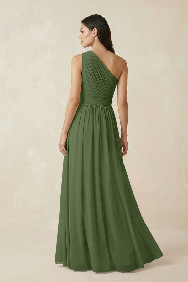 One-Shoulder Pleated Chiffon Bridesmaid Gown in Moss (2) | KISSBRIDAL