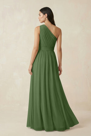 One - Shoulder Pleated Chiffon Bridesmaid Gown in Moss - KISS BRIDAL Bridesmaid Dresses