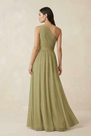 One-Shoulder Pleated Chiffon Bridesmaid Gown in Moss Green (2) | KISSBRIDAL