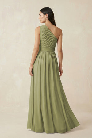 One - Shoulder Pleated Chiffon Bridesmaid Gown in Moss Green - KISS BRIDAL Bridesmaid Dresses