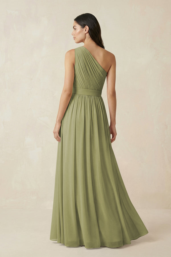 One - Shoulder Pleated Chiffon Bridesmaid Gown in Moss Green - KISS BRIDAL Bridesmaid Dresses