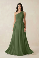 One-Shoulder Pleated Chiffon Bridesmaid Gown in Moss | KISSBRIDAL