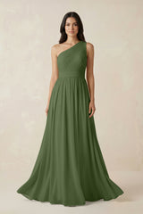 One-Shoulder Pleated Chiffon Bridesmaid Gown in Moss | KISSBRIDAL