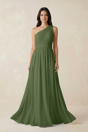 One-Shoulder Pleated Chiffon Bridesmaid Gown in Moss | KISSBRIDAL