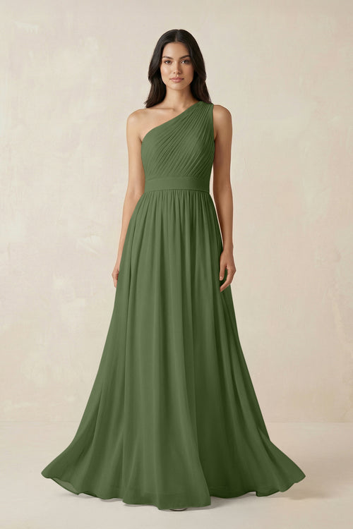 One-Shoulder Pleated Chiffon Bridesmaid Gown in Moss | KISSBRIDAL