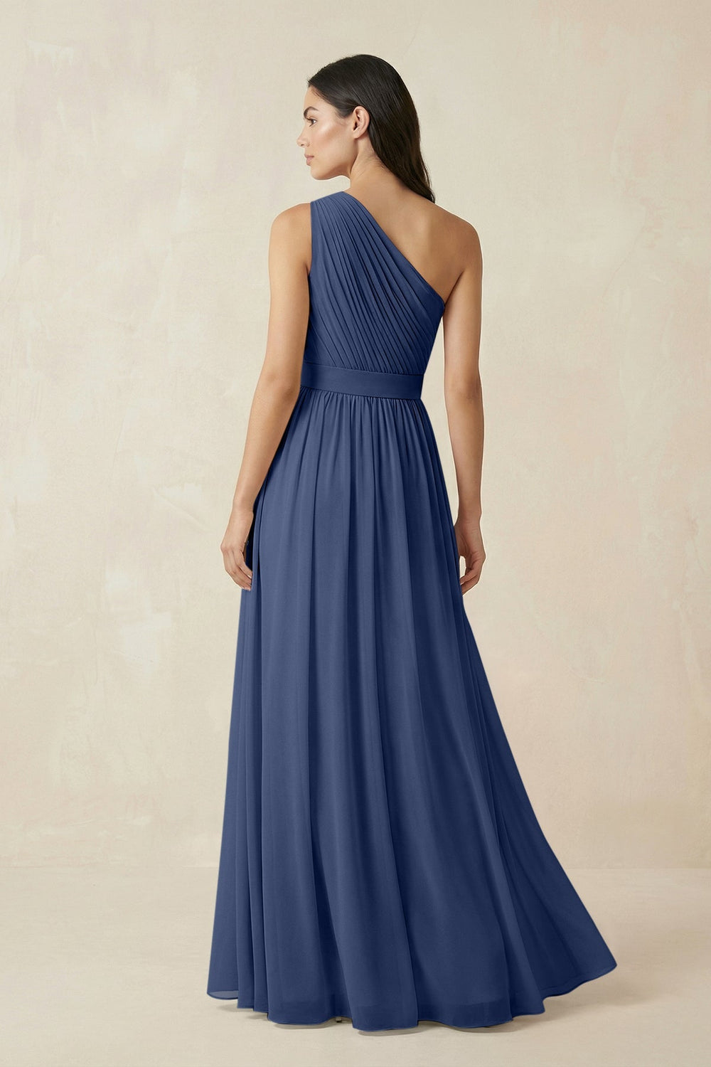 One - Shoulder Pleated Chiffon Bridesmaid Gown in Navy - KISS BRIDAL Bridesmaid Dresses