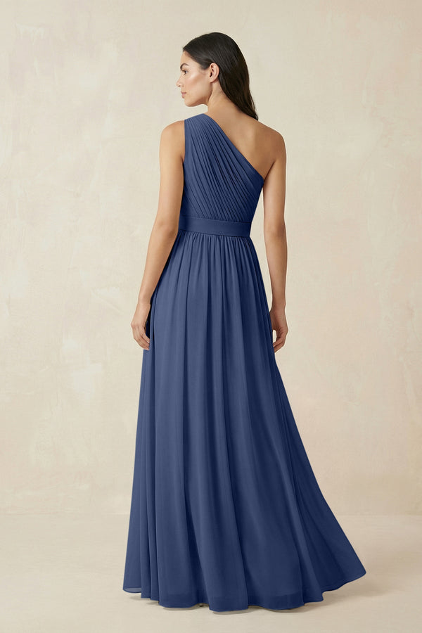 One - Shoulder Pleated Chiffon Bridesmaid Gown in Navy - KISS BRIDAL Bridesmaid Dresses