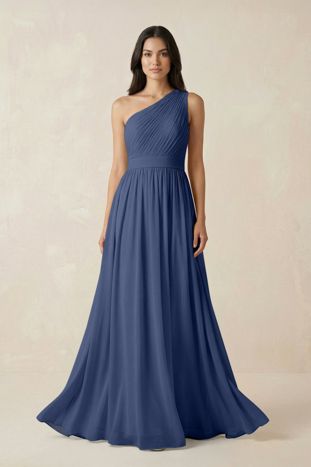One - Shoulder Pleated Chiffon Bridesmaid Gown in Navy - KISS BRIDAL Bridesmaid Dresses