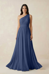 One - Shoulder Pleated Chiffon Bridesmaid Gown in Navy - KISS BRIDAL Bridesmaid Dresses