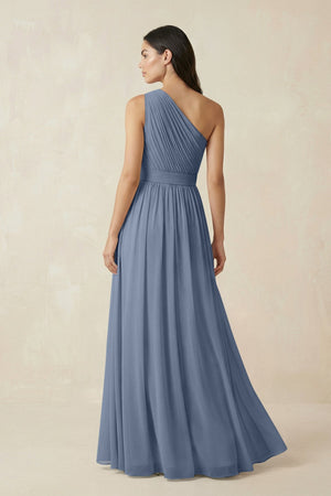 One - Shoulder Pleated Chiffon Bridesmaid Gown in Neptune - KISS BRIDAL Bridesmaid Dresses