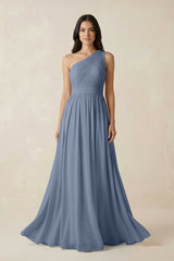 One - Shoulder Pleated Chiffon Bridesmaid Gown in Neptune - KISS BRIDAL Bridesmaid Dresses