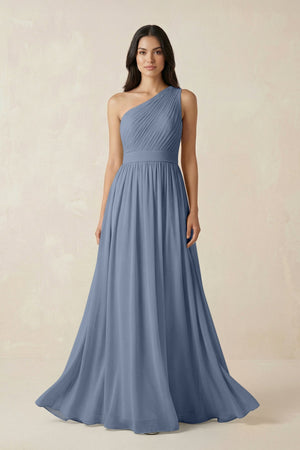 One - Shoulder Pleated Chiffon Bridesmaid Gown in Neptune - KISS BRIDAL Bridesmaid Dresses