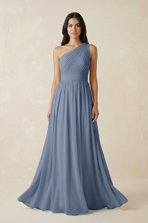 One - Shoulder Pleated Chiffon Bridesmaid Gown in Neptune - KISS BRIDAL Bridesmaid Dresses