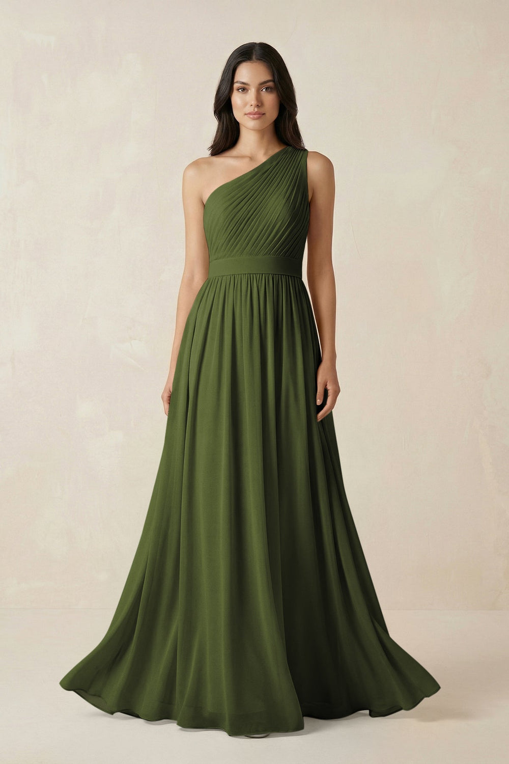 One - Shoulder Pleated Chiffon Bridesmaid Gown in Olive - KISS BRIDAL Bridesmaid Dresses