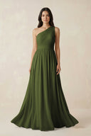 One - Shoulder Pleated Chiffon Bridesmaid Gown in Olive - KISS BRIDAL Bridesmaid Dresses