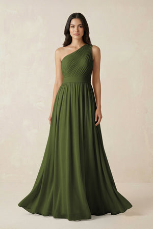 One - Shoulder Pleated Chiffon Bridesmaid Gown in Olive - KISS BRIDAL Bridesmaid Dresses