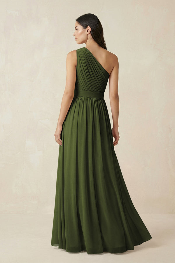 One - Shoulder Pleated Chiffon Bridesmaid Gown in Olive - KISS BRIDAL Bridesmaid Dresses