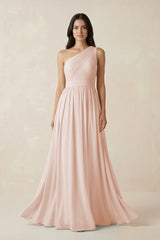 One - Shoulder Pleated Chiffon Bridesmaid Gown in Pale Blush  - KISS BRIDAL Bridesmaid Dress