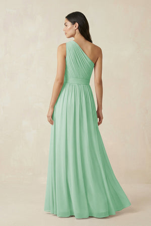 One - Shoulder Pleated Chiffon Bridesmaid Gown in Pale Pistachio - KISS BRIDAL Bridesmaid Dresses