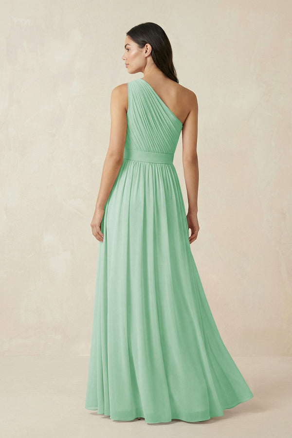 One - Shoulder Pleated Chiffon Bridesmaid Gown in Pale Pistachio - KISS BRIDAL Bridesmaid Dresses
