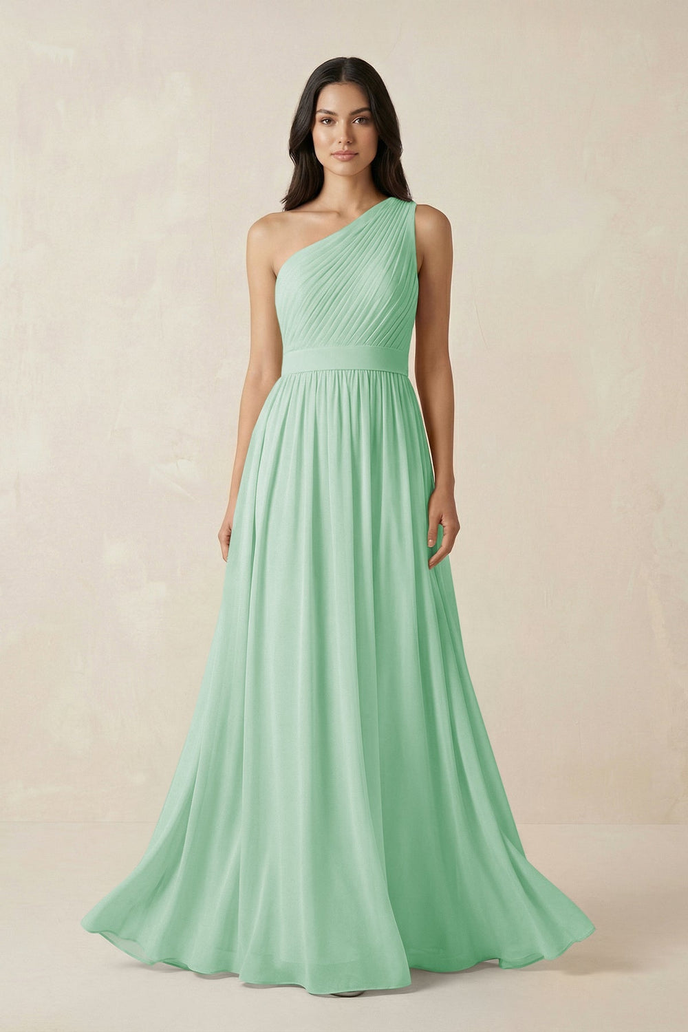 One - Shoulder Pleated Chiffon Bridesmaid Gown in Pale Pistachio - KISS BRIDAL Bridesmaid Dresses