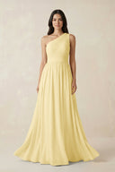 One - Shoulder Pleated Chiffon Bridesmaid Gown in Pastel Yellow - KISS BRIDAL Bridesmaid Dresses