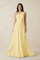 One - Shoulder Pleated Chiffon Bridesmaid Gown in Pastel Yellow - KISS BRIDAL Bridesmaid Dresses
