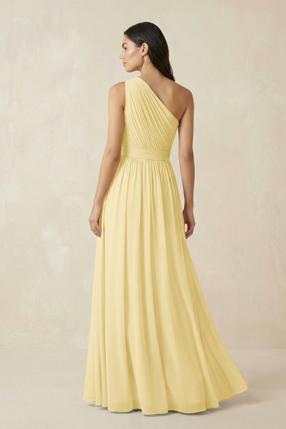 One - Shoulder Pleated Chiffon Bridesmaid Gown in Pastel Yellow - KISS BRIDAL Bridesmaid Dresses