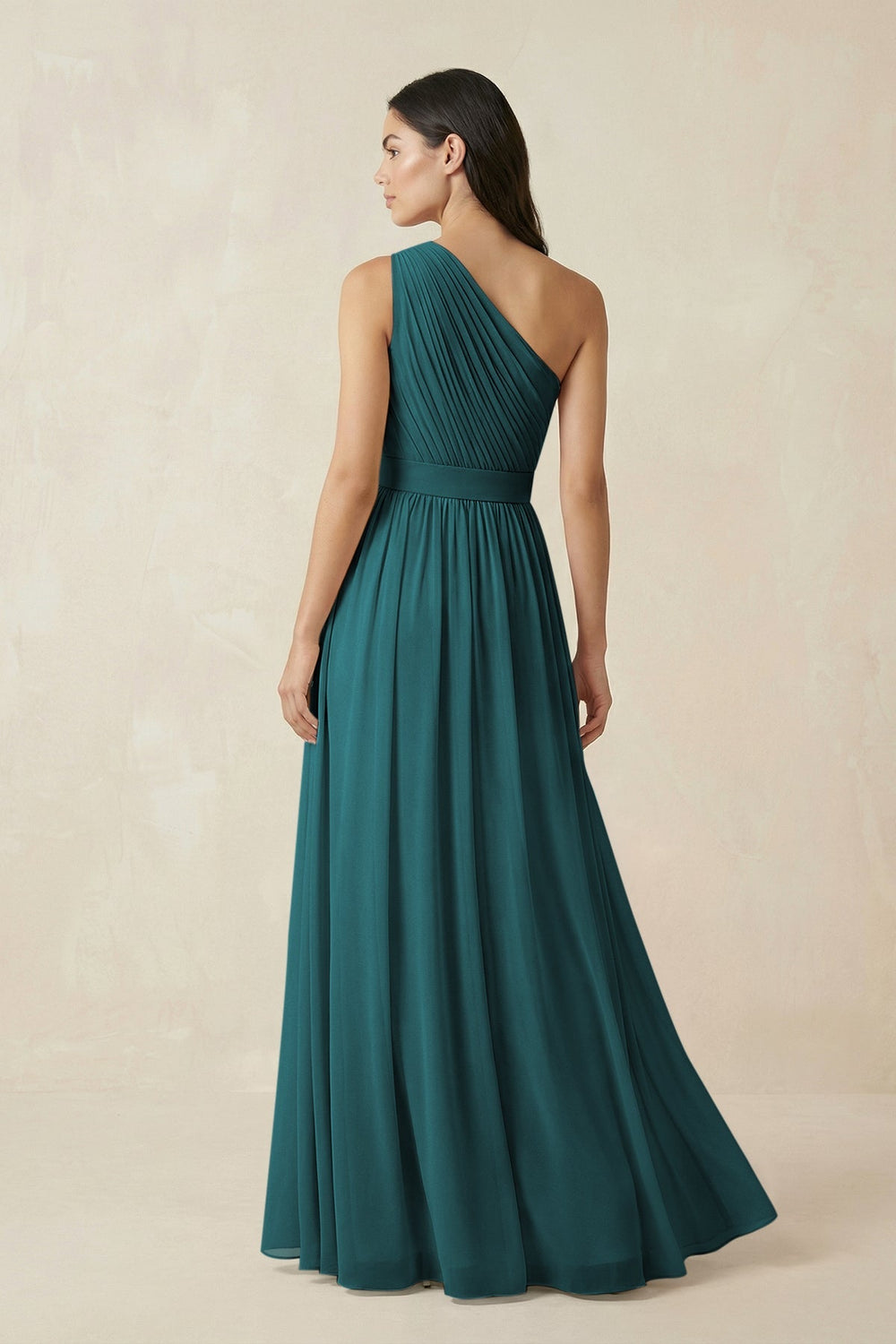 One - Shoulder Pleated Chiffon Bridesmaid Gown in Pine - KISS BRIDAL Bridesmaid Dresses