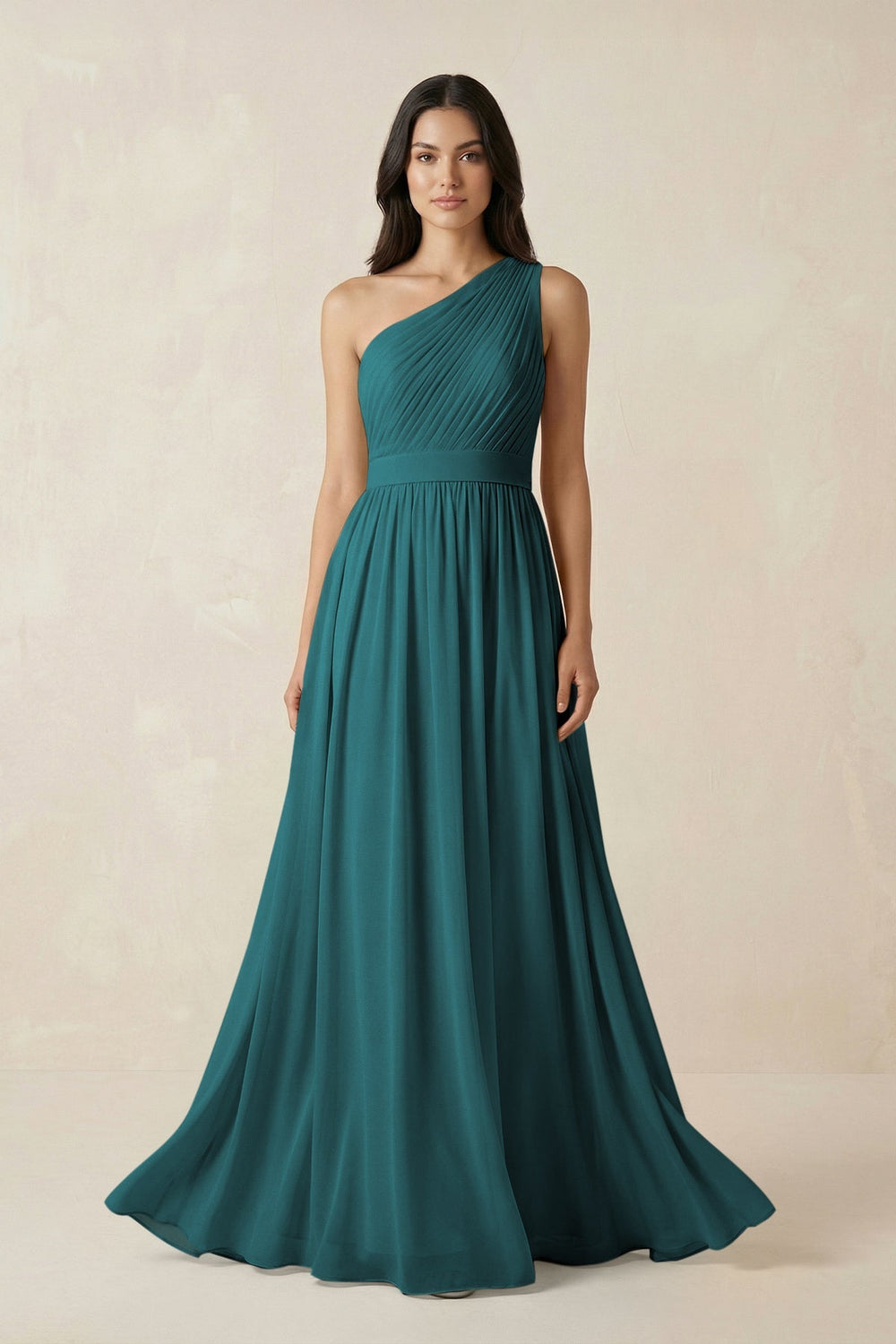 One - Shoulder Pleated Chiffon Bridesmaid Gown in Pine - KISS BRIDAL Bridesmaid Dresses