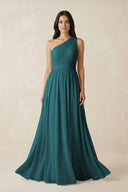 One - Shoulder Pleated Chiffon Bridesmaid Gown in Pine - KISS BRIDAL Bridesmaid Dresses