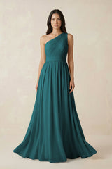 One - Shoulder Pleated Chiffon Bridesmaid Gown in Pine - KISS BRIDAL Bridesmaid Dresses