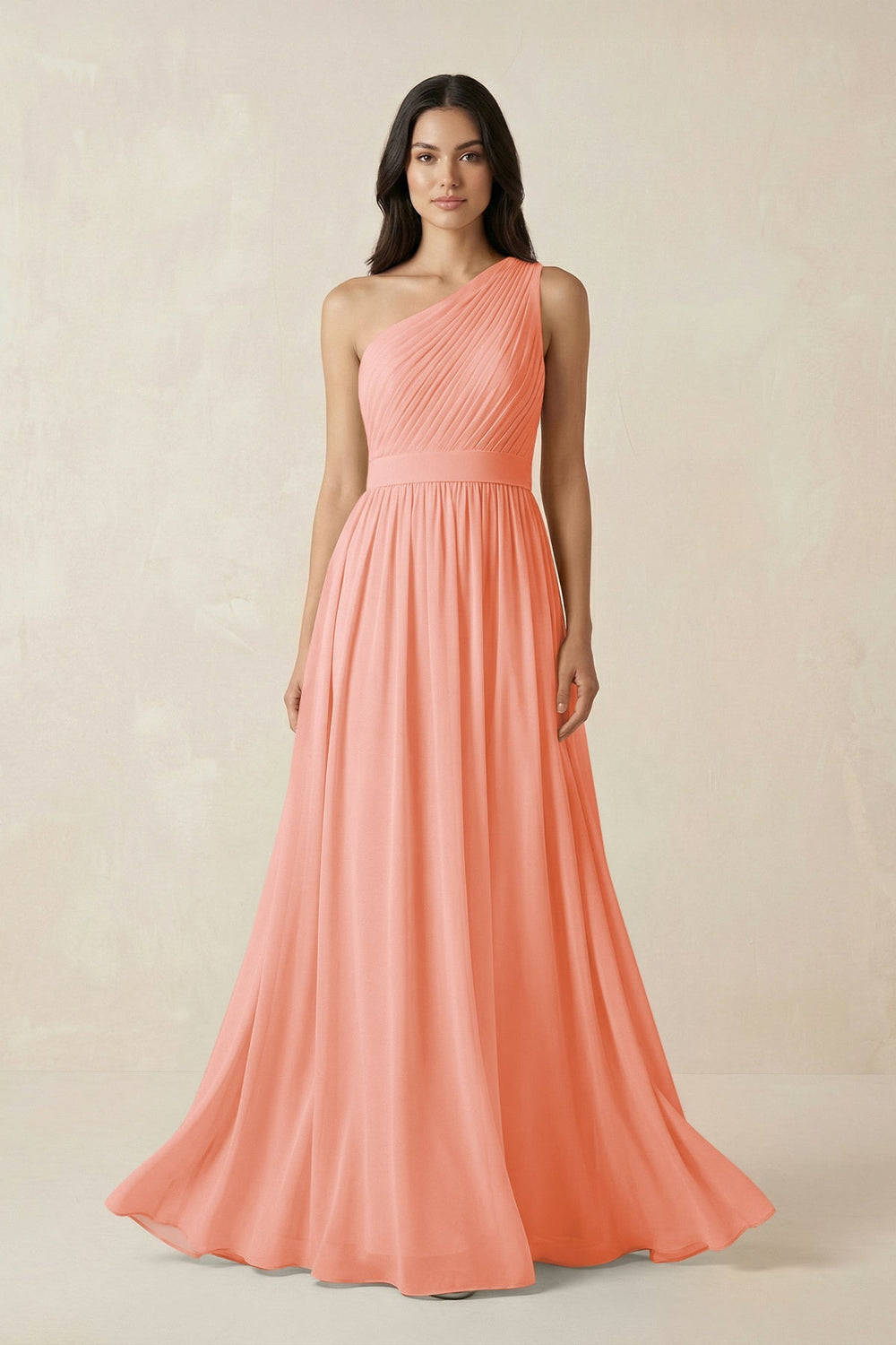 One - Shoulder Pleated Chiffon Bridesmaid Gown in Rosette - KISS BRIDAL Bridesmaid Dresses