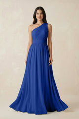 One - Shoulder Pleated Chiffon Bridesmaid Gown in Royal Blue - KISS BRIDAL Bridesmaid Dresses