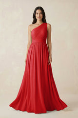 One - Shoulder Pleated Chiffon Bridesmaid Gown in Ruby Red - KISS BRIDAL Bridesmaid Dresses