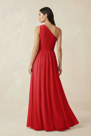 One - Shoulder Pleated Chiffon Bridesmaid Gown in Ruby Red - KISS BRIDAL Bridesmaid Dresses