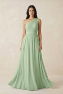 One - Shoulder Pleated Chiffon Bridesmaid Gown in Sage - KISS BRIDAL Bridesmaid Dresses