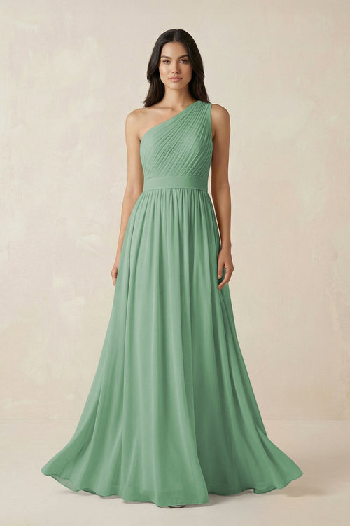 One - Shoulder Pleated Chiffon Bridesmaid Gown in Sea Glass - SHE IS ME Bridesmaid Dresses