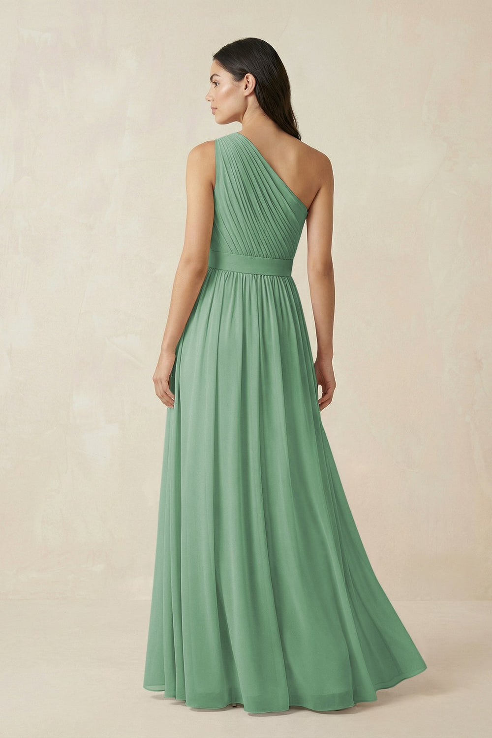 One - Shoulder Pleated Chiffon Bridesmaid Gown in Sea Glass - KISS BRIDAL Bridesmaid Dresses