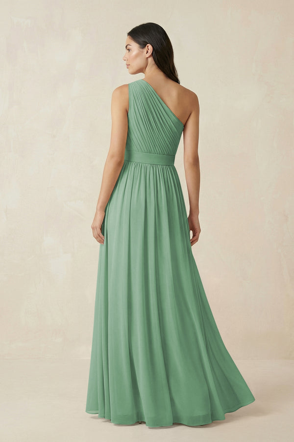One - Shoulder Pleated Chiffon Bridesmaid Gown in Sea Glass - SHE IS ME Bridesmaid Dresses