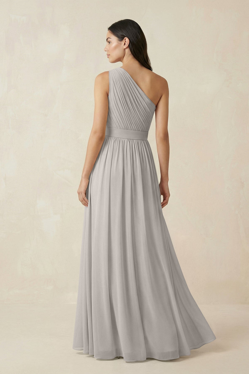 One - Shoulder Pleated Chiffon Bridesmaid Gown in Silver - KISS BRIDAL Bridesmaid Dresses