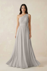 One - Shoulder Pleated Chiffon Bridesmaid Gown in Silver - KISS BRIDAL Bridesmaid Dresses
