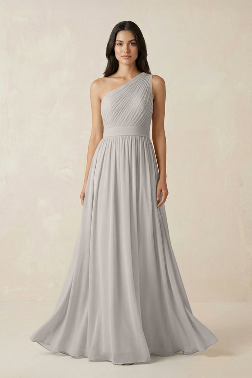 One - Shoulder Pleated Chiffon Bridesmaid Gown in Silver - KISS BRIDAL Bridesmaid Dresses