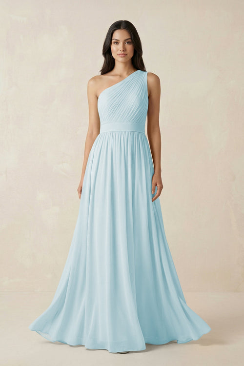 One - Shoulder Pleated Chiffon Bridesmaid Gown in Sky Blue - KISS BRIDAL Bridesmaid Dresses