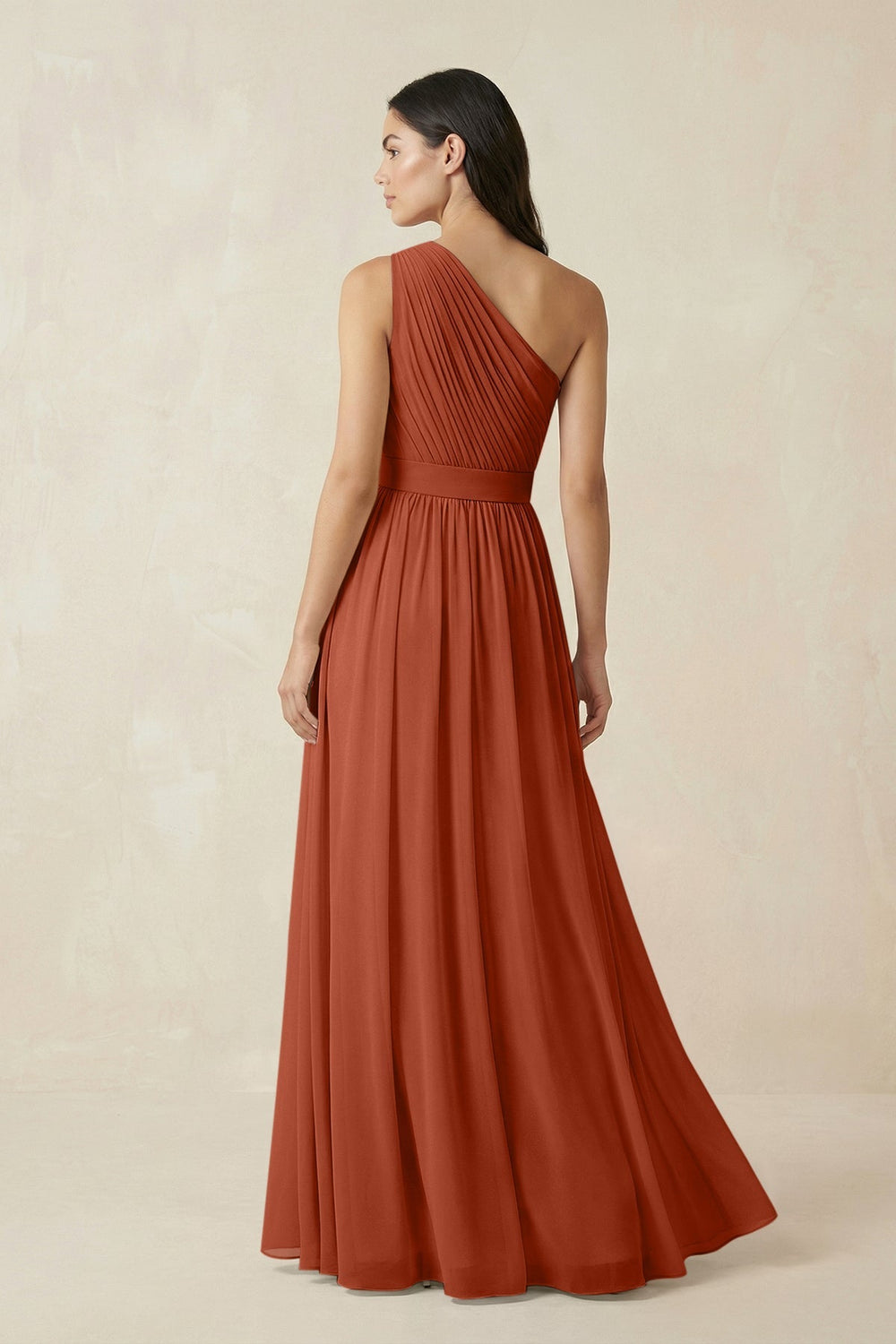 One - Shoulder Pleated Chiffon Bridesmaid Gown in Spice - KISS BRIDAL Bridesmaid Dresses