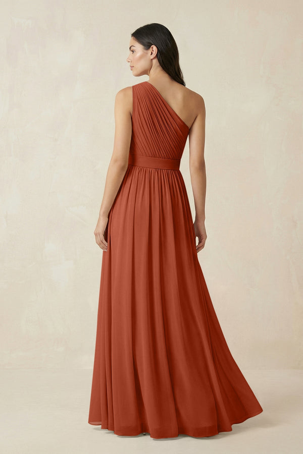 One - Shoulder Pleated Chiffon Bridesmaid Gown in Spice - KISS BRIDAL Bridesmaid Dresses